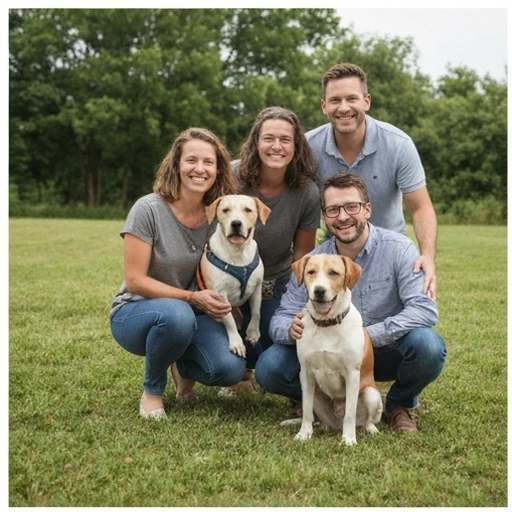 Happy herding dog with family in a welcoming environment