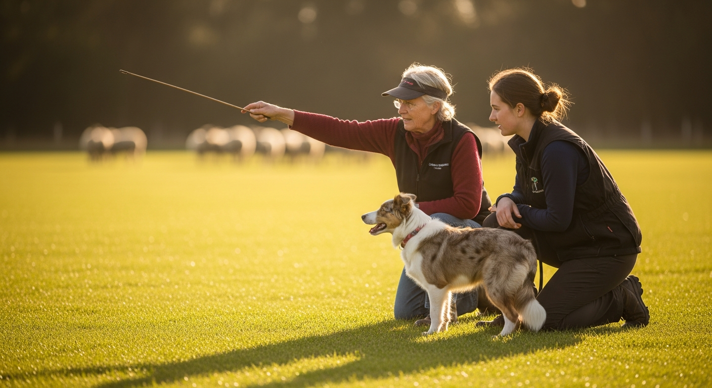Experienced handler working with a new owner and a young Border Collie on a training field