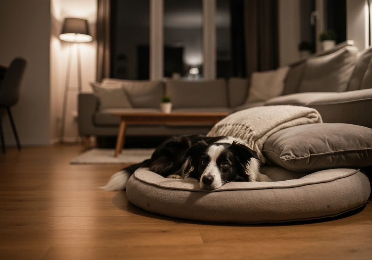 Border collie resting at home near the computer