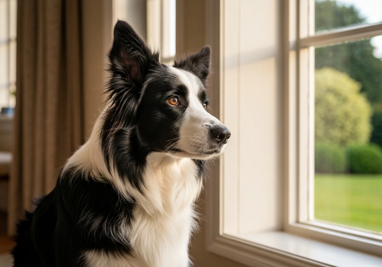 Herding dog looking through window waiting for owner